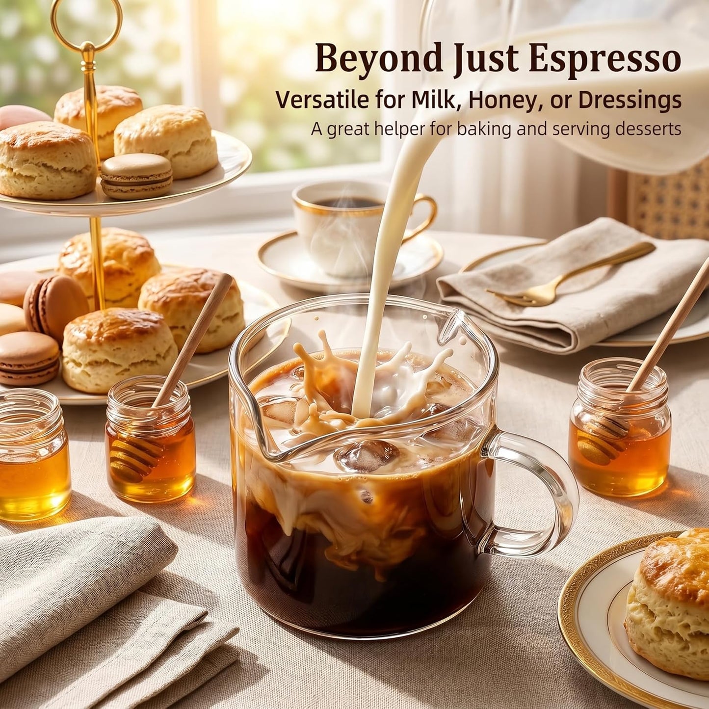 Skiennix Espresso Cups Set of 2 - Double Spout Clear Glass Shot Glasses with Handle | Perfect for Coffee & Desserts