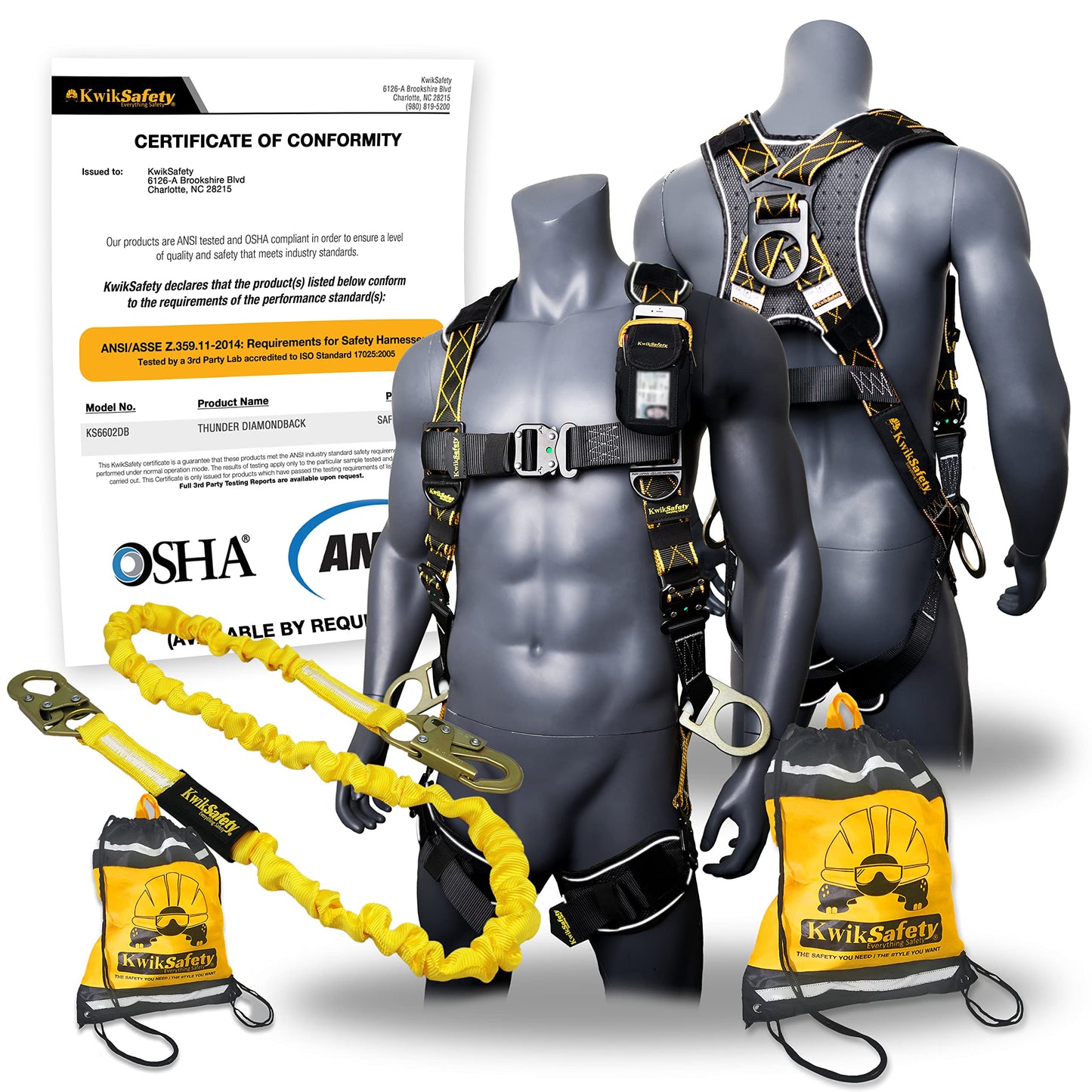 KwikSafety THUNDER DiamondBACK Safety Harness + RATTLER 6ft Safety Lanyard