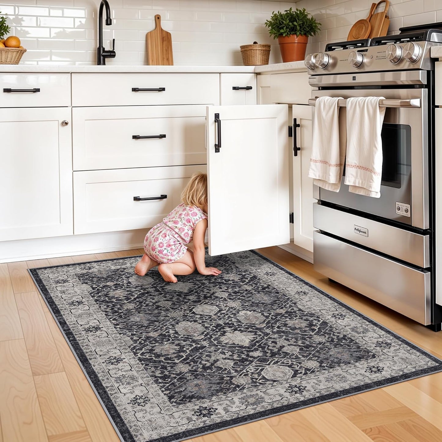 Skiennix Washable 3x4 Entryway Area Rug - Ultra Soft Low Pile Anti-Slip Carpet for Indoor Use | Black