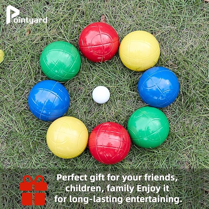 Pointyard 90mm Bocce Ball Set with 8 PE Balls, 1 Pallino, Carrying Bag, Measuring Tape - Family Game for Outdoor/Lawn/Beach/Park