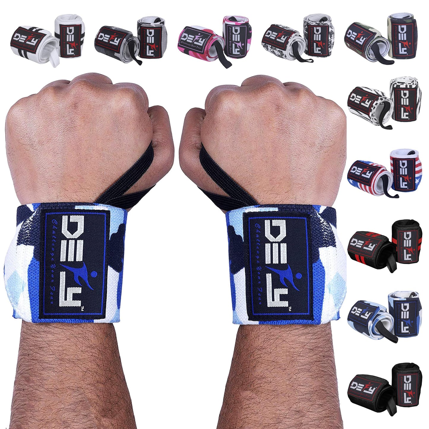 DEFY 18” Weightlifting Wrist Wraps – Professional Fitness Wrist Wraps for Men & Women with Thumb Loop - Wrist Support for Weightlifting, Strength Training, Powerlifting & Bodybuilding (Blue Camo)