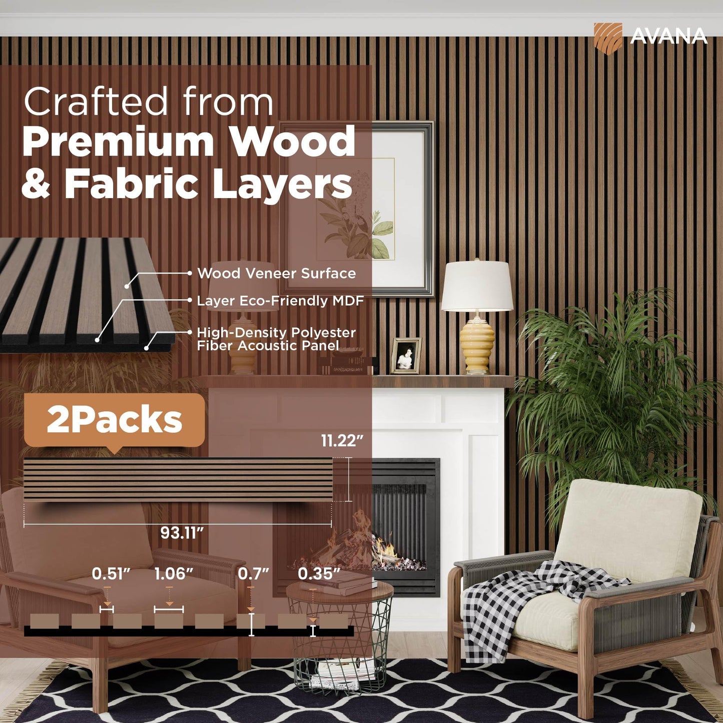 Avana Acoustic Wood Wall Panels – 93.2x11.25 Inch Panels – Fits 94x12 Layout – Smoke Walnut Acoustic Panels 2 PCs – Wall Panels for Interior Wall Decor for Homes, Offices – Wood Panels for Wall