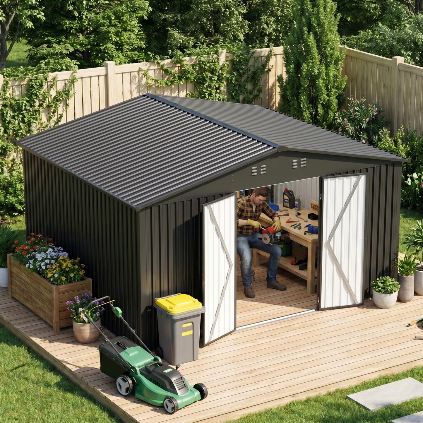 EASYHAWK 14x12 FT Outdoor Storage Shed, Metal Garden Shed with Lockable Door & Sloped Roof, Large Waterproof Utility Tool Shed for Backyard, Garden, Patio, Lawn, Black