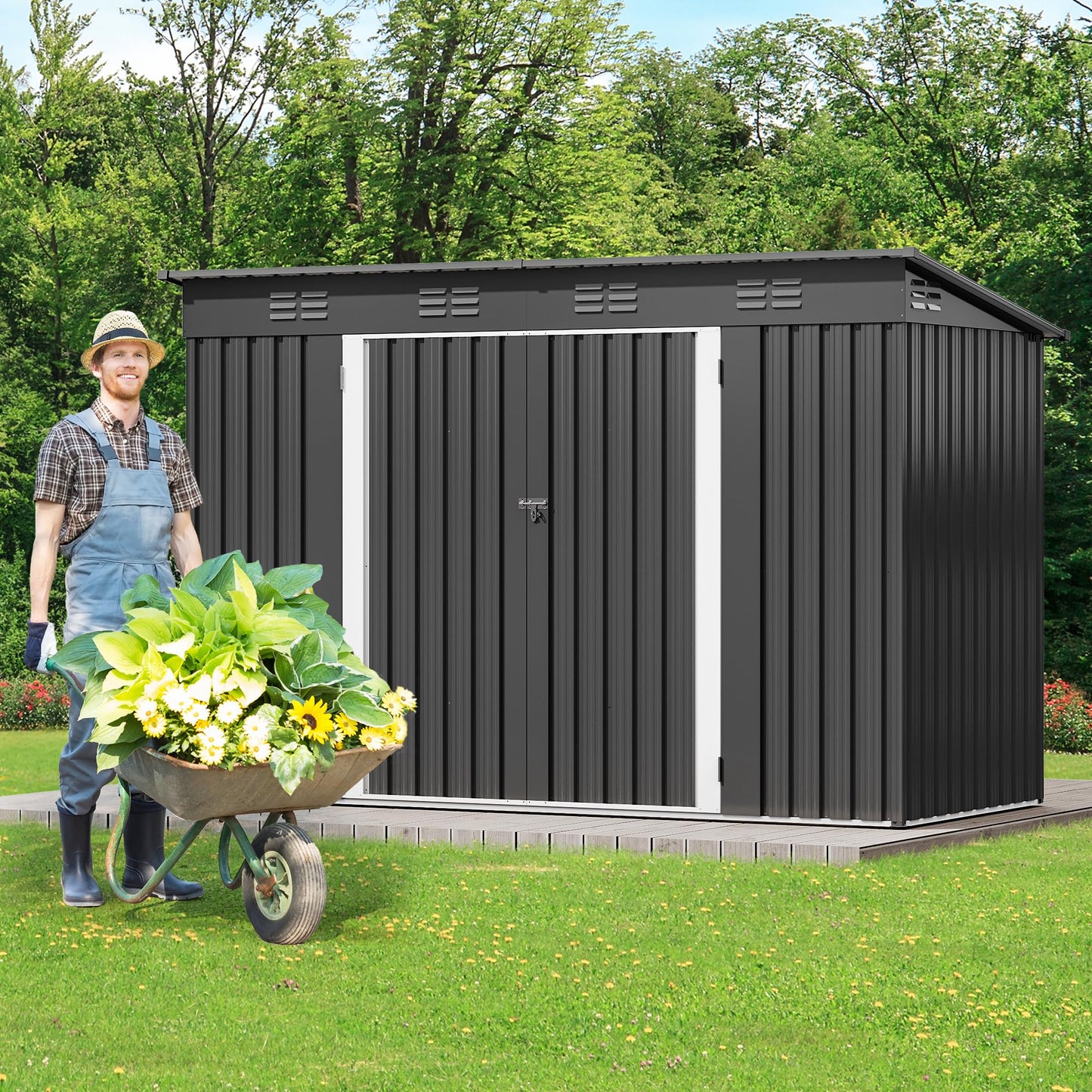 DWVO 8.5x3.5ft Large Tool Storage Shed with Window, Lockable Doors, and Sloped Roof, Oversized Steel Outdoor Storage Shed for Garden, Patio, Garage, Backyard, Lawn - Dark Gray