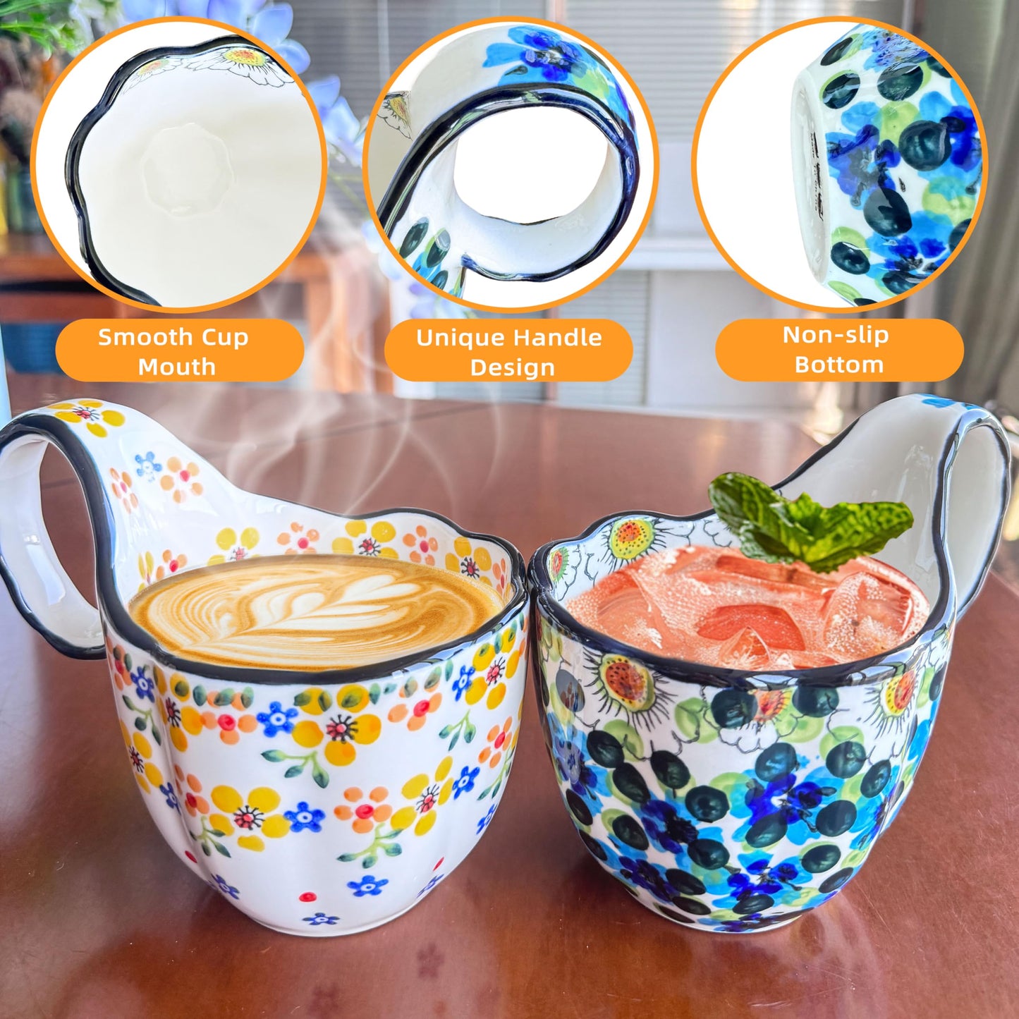 JUSONEY 18.6OZ Soup Bowls with Wide Handles,Handpainted Decorative Bowl,Soup Mug,Microwave Bowls,Ceramic Bowls perfect for Cereals,Soups,fruits,etc.(A)