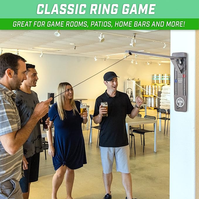 GoSports Hook 21 Wall Mounted Ring Swing Game with Foldable Arm - Play Indoors or Outdoors