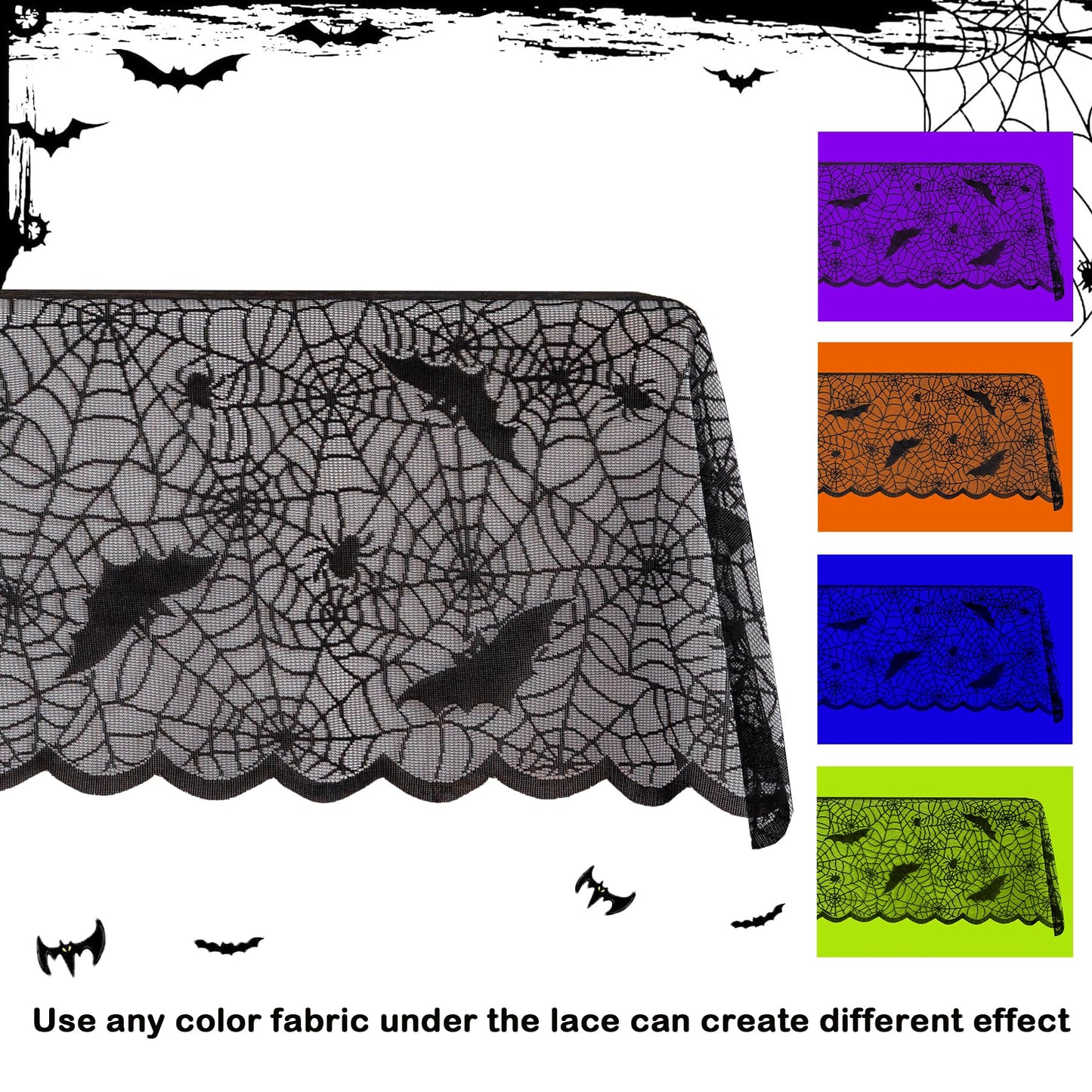 Joyfol Day Halloween Spiderweb Tablecloth, Black Lace Fabric Bats Table Cloths, Spooky Spiders Table Cover, Rectangle Tables Parties Gothic Scary Nights Decorations (60x84 Inch)