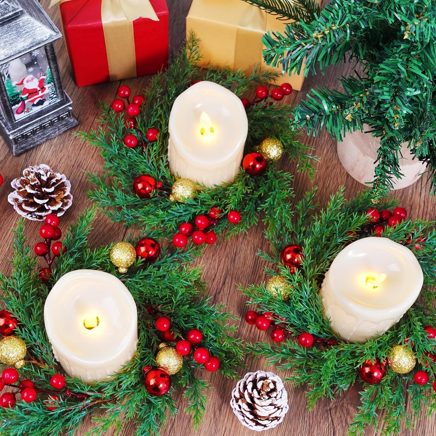 Regine Switzerland Christmas Candle Rings - 6 Pcs Mini Wreaths with Red Berries & Xmas Balls for Holiday Decor