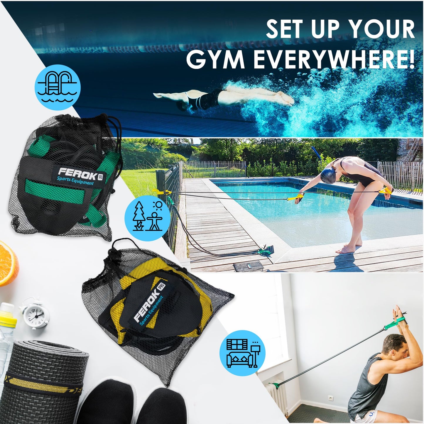Ferok Pro - Swimming Resistance Band with Hand Paddles, Stretch Cord, Fitness Bands for Swimming, Training Equipment, Arm Strength Exercise, Powercord - Including Exercises - Medium Green