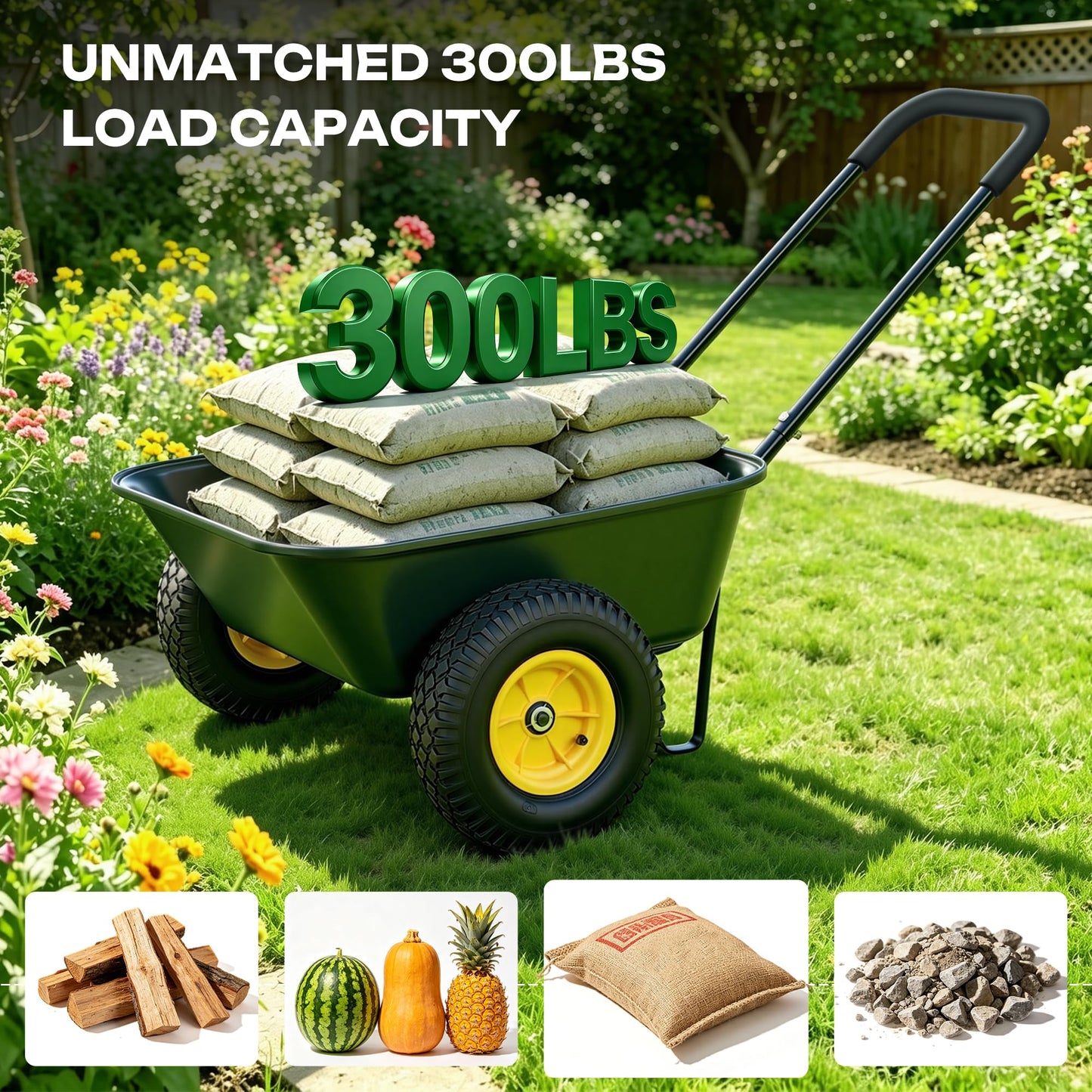 Autodaya 2 Wheel Wheelbarrow, Dual-Wheel Garden Dump Cart with 10" Non-Slip Pneumatic Tires & Ergonomic Padded Handle, Heavy-Duty Home Utility Yard Cart Wagon for Lawn, Farm, Porch, Gardening, Green