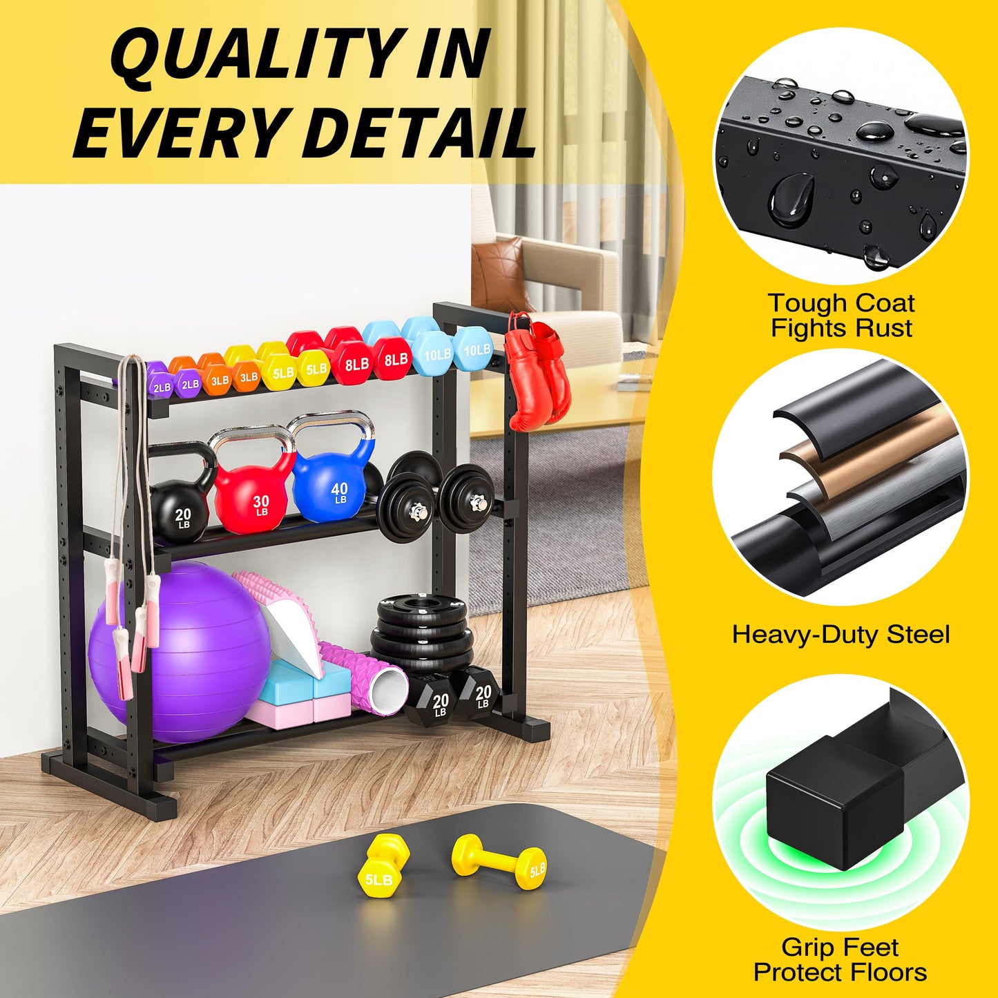 LarFaFa 3-Tier Adjustable Dumbbell Rack, Weight Rack for Home Gym Storage, Heavy Duty Weight Stand for Dumbbells, Kettlebells & Free Weights, Space-Saving Dumbbell Rack Stand Only(Up to 450LB Capacity)