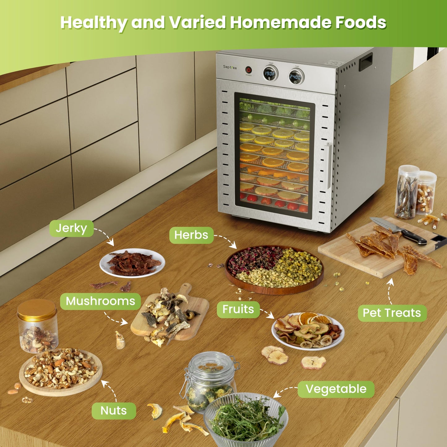 Food Dehydrators Machine with 12 Stainless Steel Trays with Timer Setting Temperature Adjusted 68 ℉ to 194 ℉ Dryer for Herb Fruit Meat Vegetables Mushroom Beef for Commercial Household Pitch Black