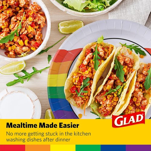 Glad Everyday 10” Round Disposable Paper Plates - Heavy Duty, Soak Proof & Cut-Resistant | 432 Count, Rainbow Design