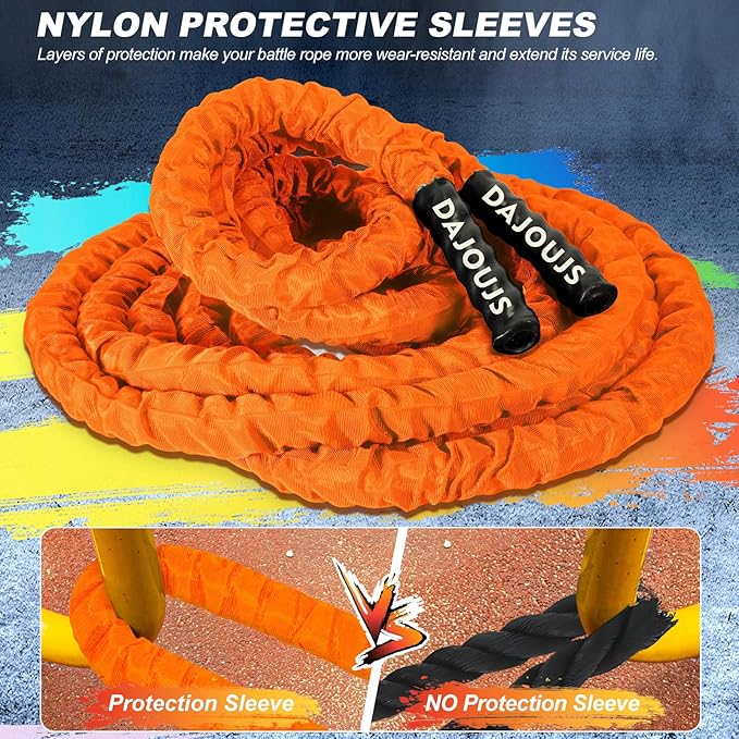 Battle Ropes for Home Gym 1.5Inch Diameter 30 FT Lengths Workout Heavy Battle Ropes for Exercise Training Weighted Rope for Working Out Exercise Equipment with Protective Cove - Orange