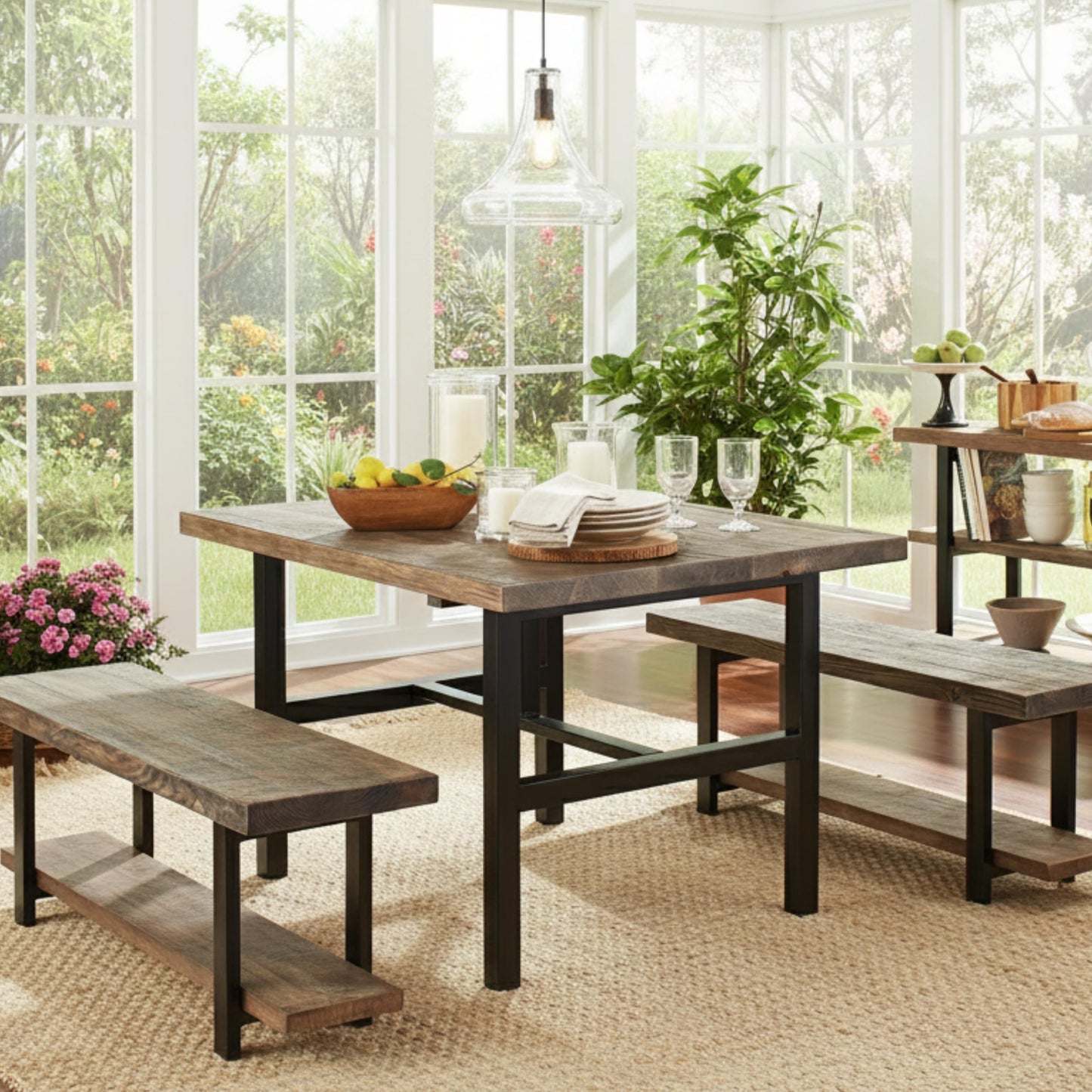 Alaterre Furniture Pomona Dining Bench Set of 2-48-Inch Modern Industrial Solid Wood Indoor Benches with Open Bottom Storage Shelf - Seating for Kitchen, Dining Room, and Living Room (Rustic Brown)