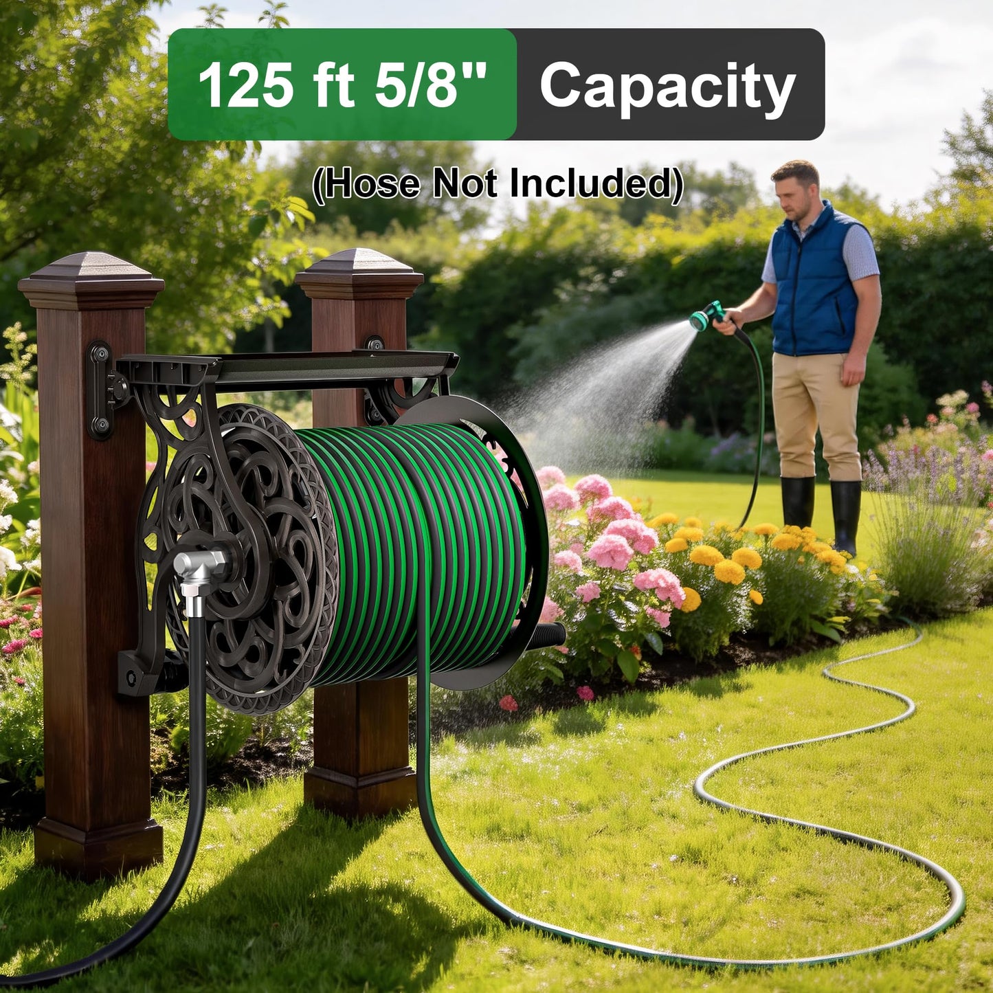 Garden Hose Reel Wall Mount Metal, Holds 125 ft x 5/8" Decorative Water Hose Holder for Outside Storage, Heavy Duty Aluminum Frame w/Shelf, No-Leak Aluminum Water System, Easy Assmbly, Dark Bronze