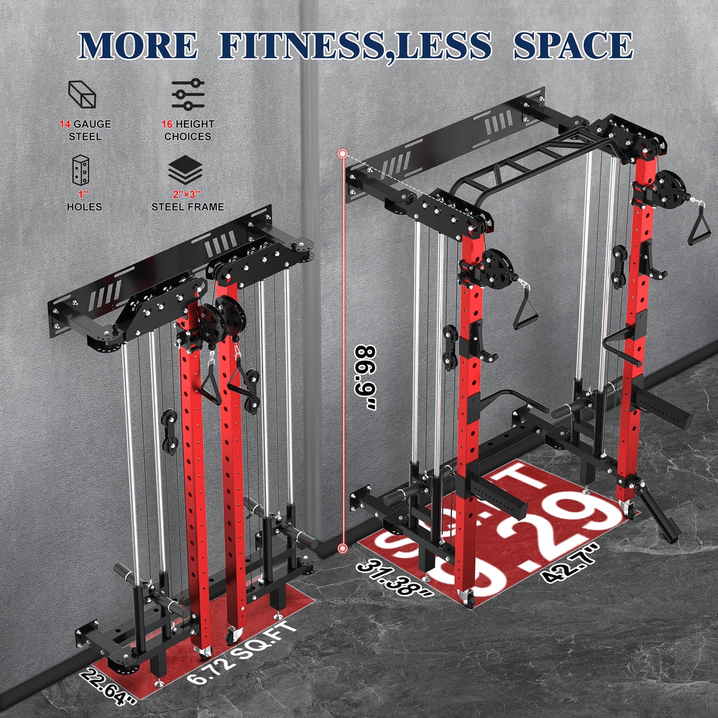 Power Cage, Folding Power Rack, 2000LBS Wall Mounted Squat Rack with Cable Pulley System, Landmine Attachment and Multi-Grip for Home Gym Small Space