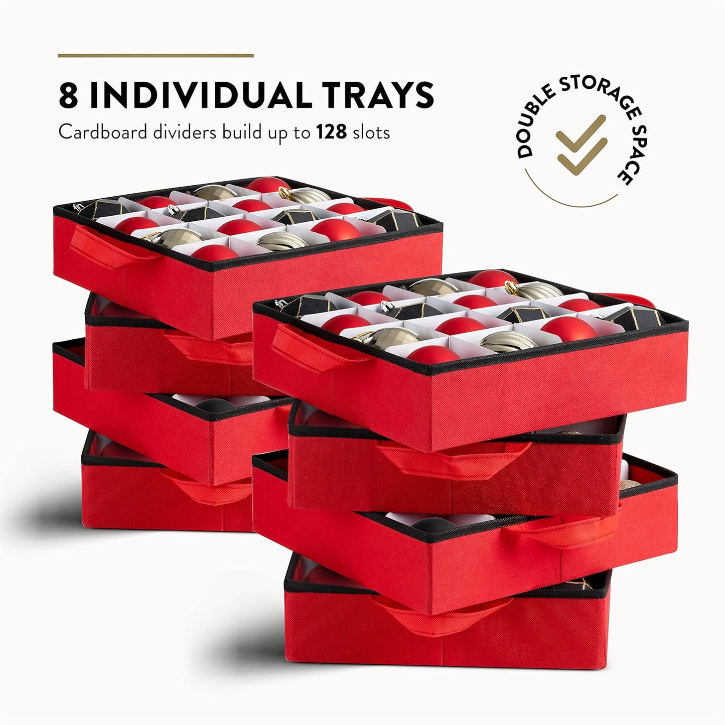ZOBER Christmas Ornament Storage Box - Holds 128 3" Ornaments with Individual Trays - Durable Red 600D Oxford Fabric