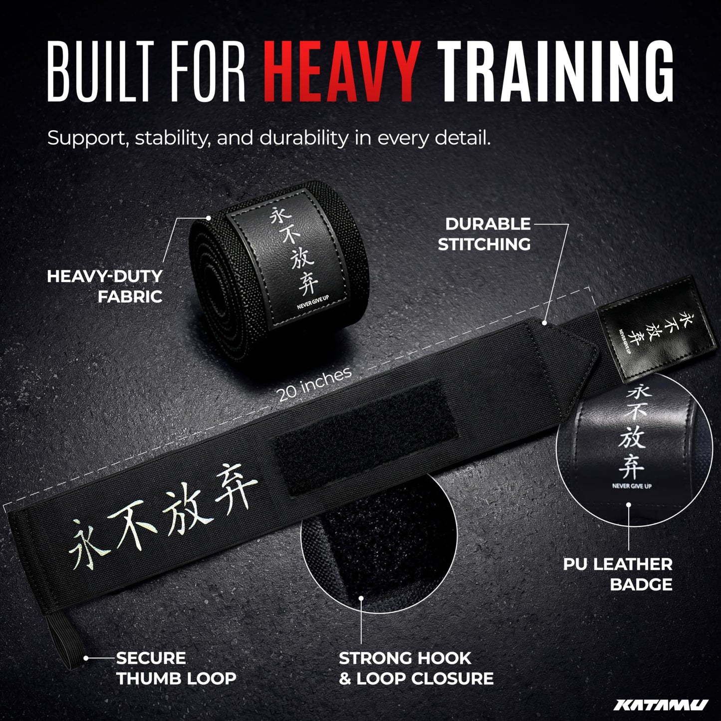 Katamu Never Give Up Premium Wrist Wraps for Weightlifting — 18 Inch Cotton Wrist Support with Thumb Loop for Powerlifting, Bodybuilding and Bench Press, Pair