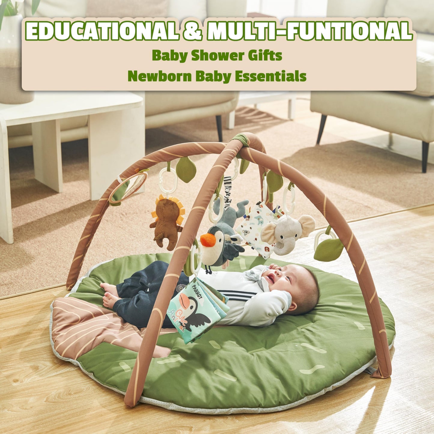 Baby Activity Gym & Play Mat – 8-in-1 Tummy Time Mat with Self-Discovery Mirror & Detachable Sensory Toys – Thick Non-Slip Washable Baby Play Gym for Infants Newborn 0 3 6 12 Months