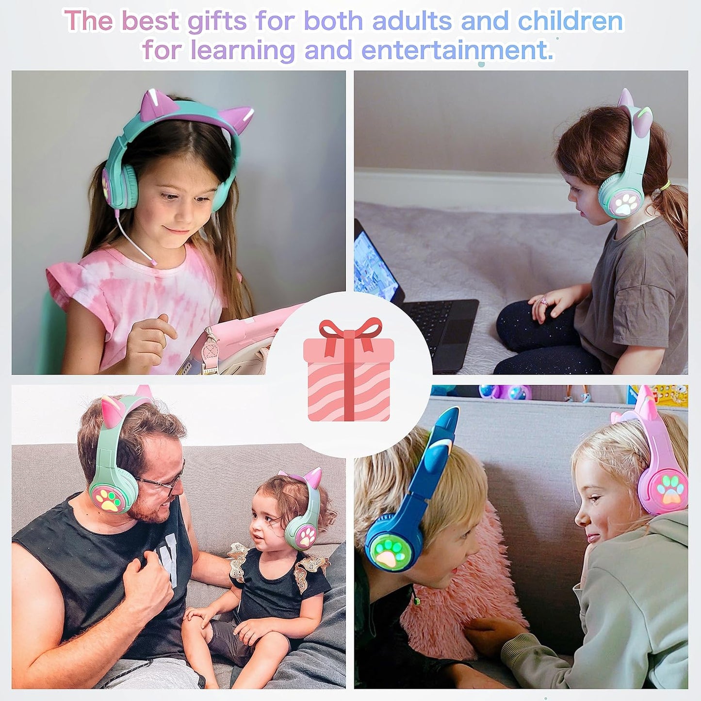 CF9 85dB Riwbox Cat Ear Kids Bluetooth Headphones with LED Light Up,Safe Volume Limit,Built-in Mic&Boom Mic