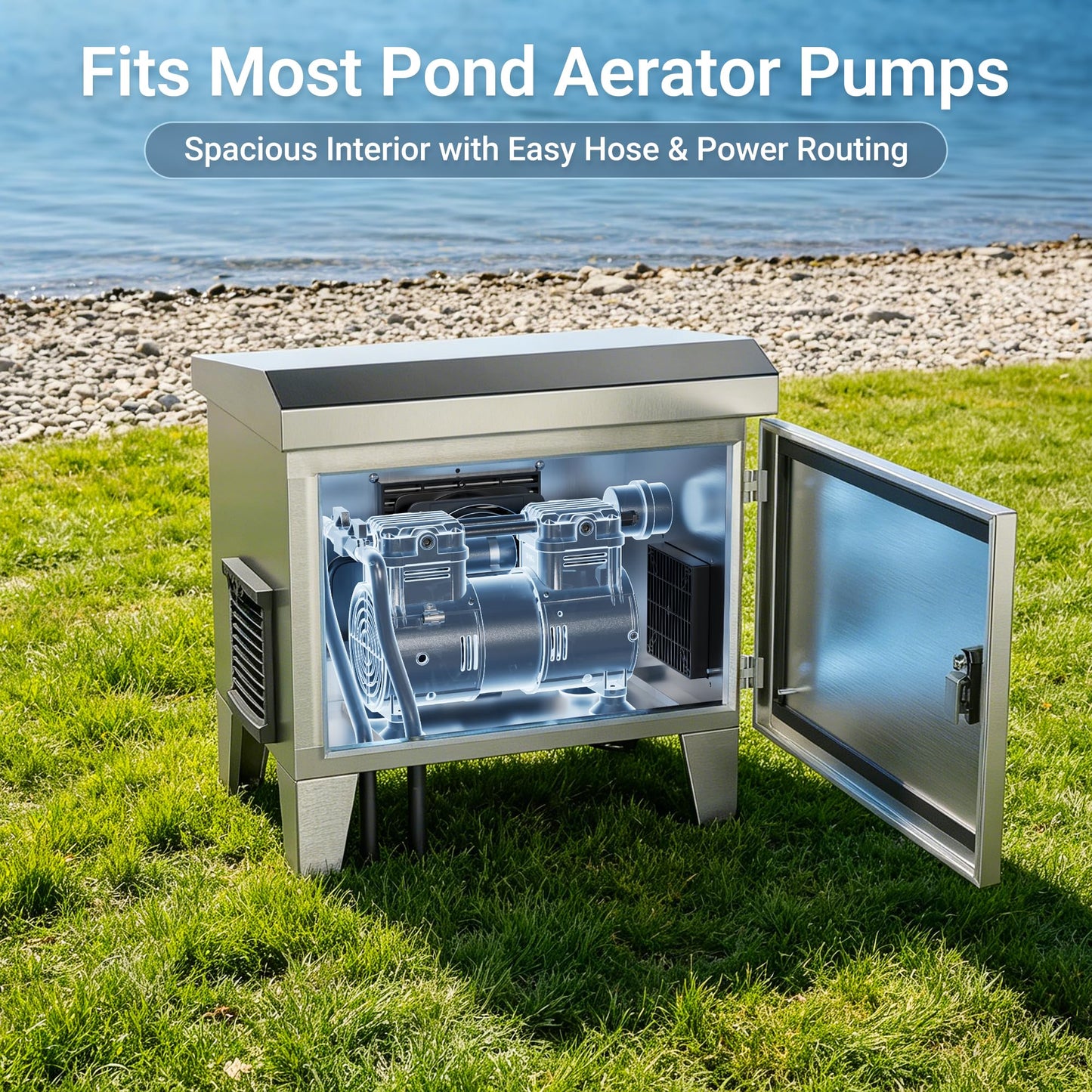 HQUA PRO Stainless Steel Pond Aerator Pump Cover Cabinet, Corrosion-Resistant Outdoor Protection System with Cooling Fan, Pre-Wired Outlet & 10 ft Power Cord, Heavy-Duty Enclosure