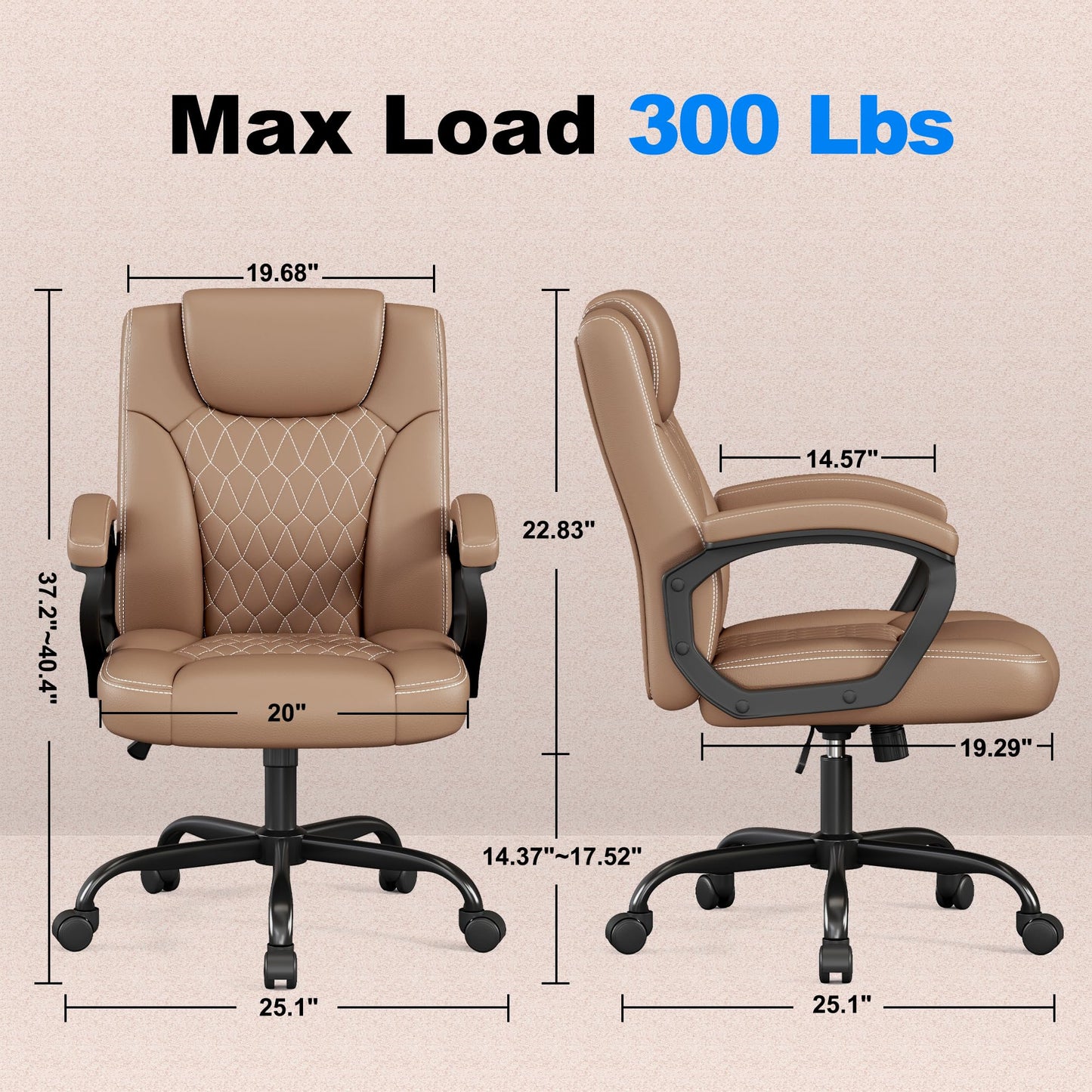 Misolant Office Chair, Executive Desk Chair, PU Leather Comfortable Ergonomic Chairs with Fixed Armrest, Adjustable Height, Rocking Function, 360° Swivel Wheels, Brown