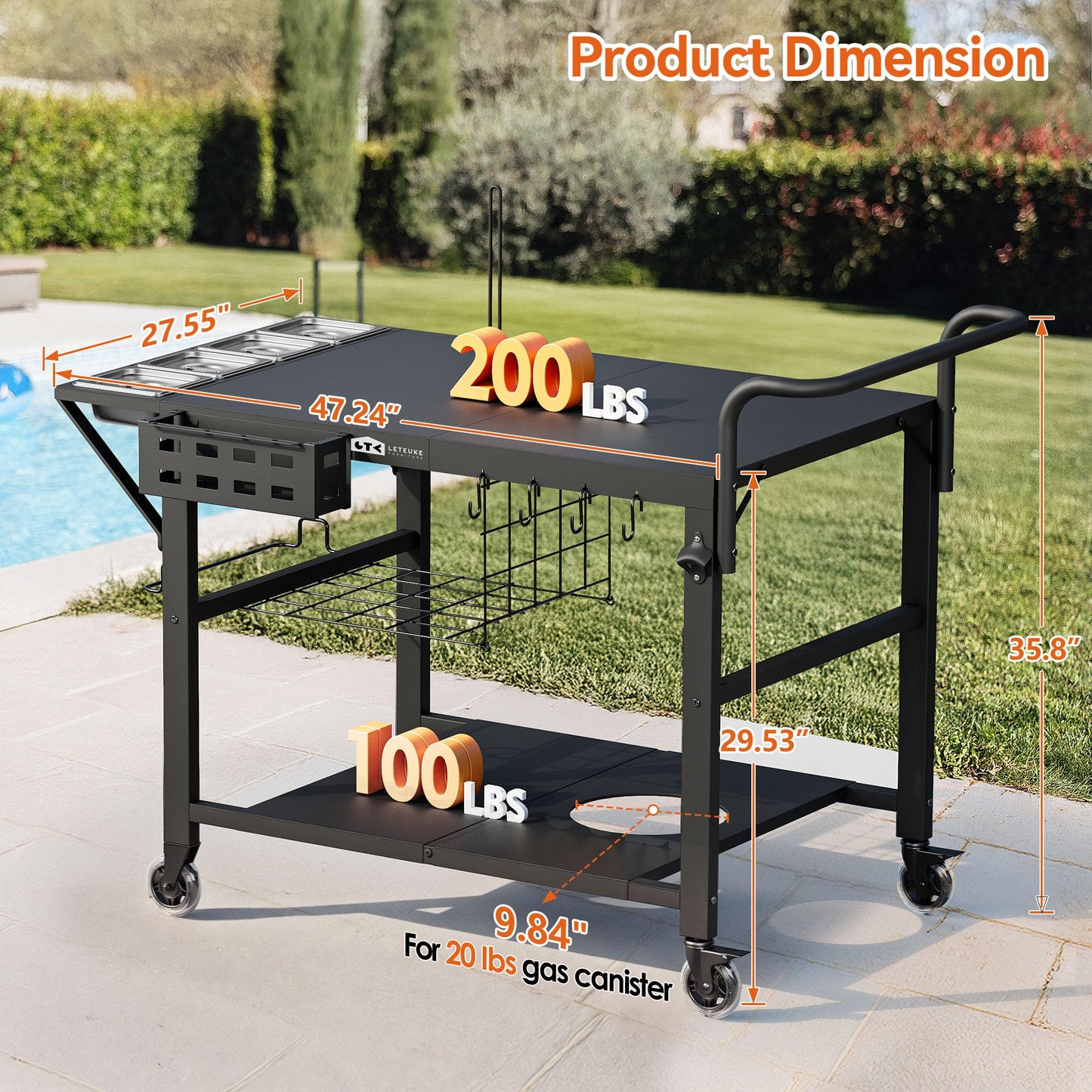 Leteuke Pizza Oven Table, Grill Cart Table for Blackstone Griddle, Outdoor Pizza Oven Stand Fits Ninja, Cuisinart, Gozney, Solo Stove, BBQ Prep Tables Station with Seasoning Tray, 47"x27.5"x30"