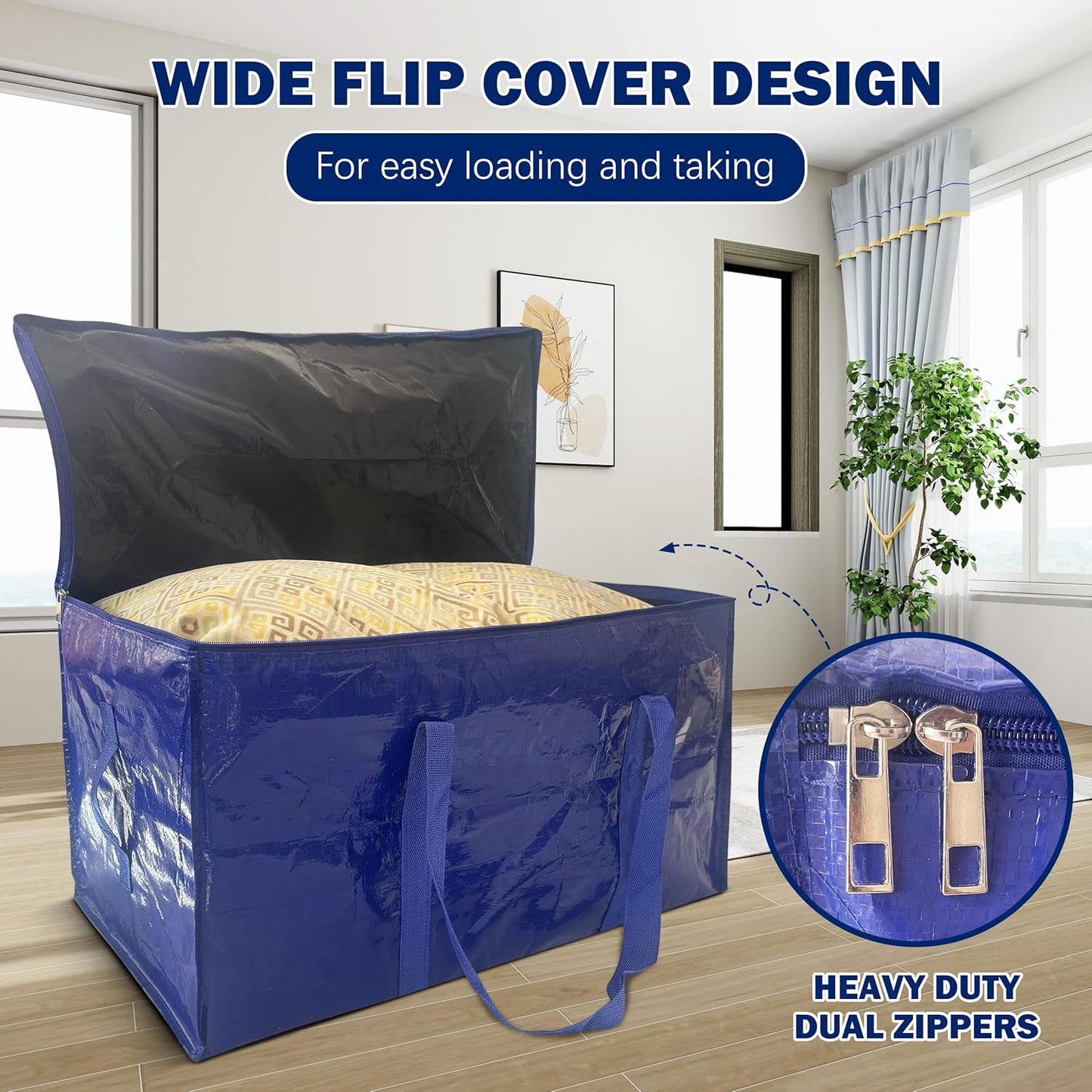 Skiennix Extra Heavy Duty Moving Bags - 8 Pack Large Storage Totes with Strong Zipper & Handles | Dark Blue - 24 Gal