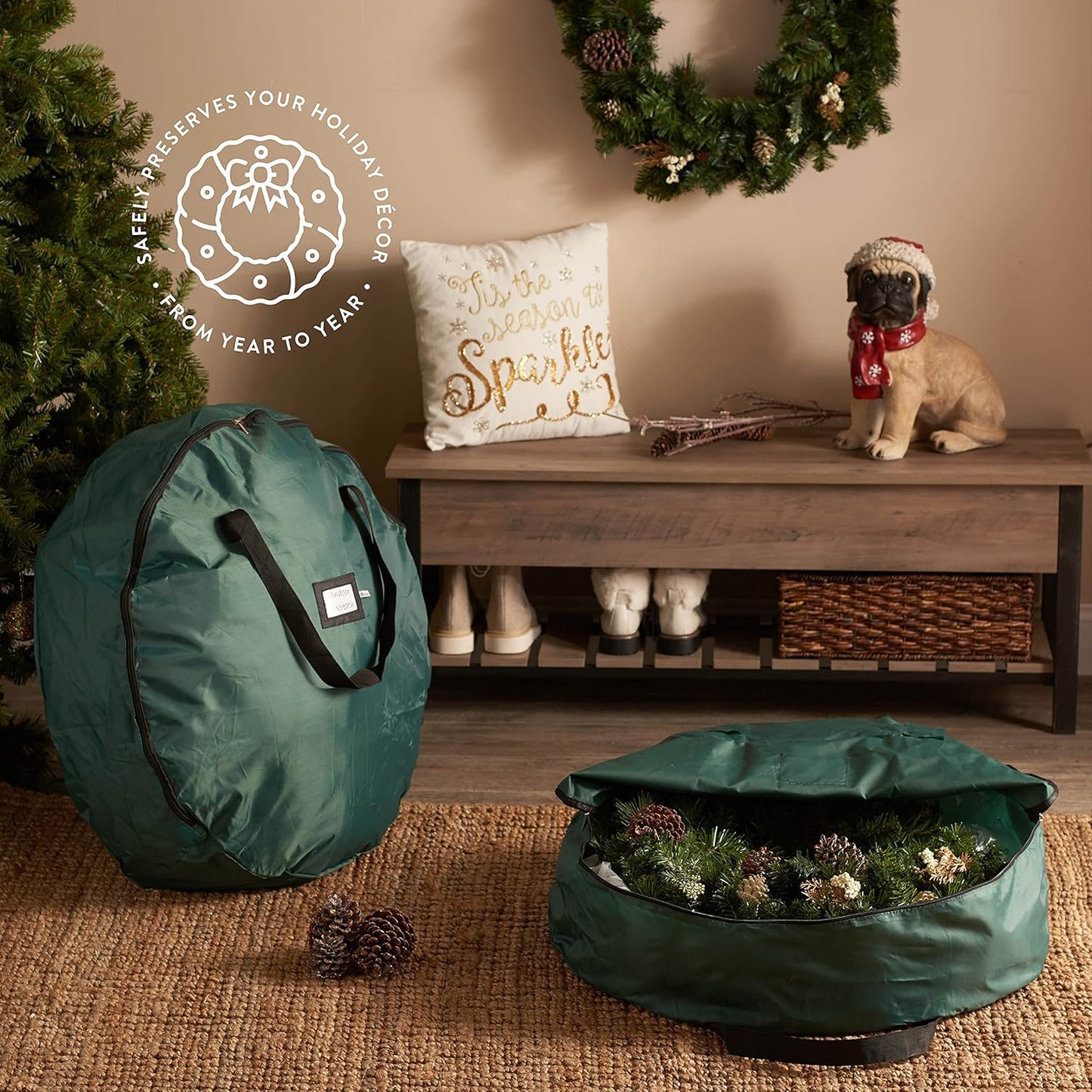 ZOBER 24-Inch Oxford Christmas Wreath Storage Container - Waterproof, Dual-Zippered Bag with Durable Handles | Green