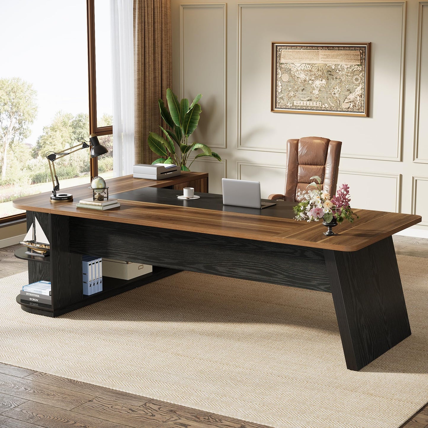 Tribesigns 79-Inch Executive Desk, Large Office Desk with Cabinet, L-Shaped Compter Desk with Storage Shelves, Writing Table for Home Office, Brown and Black