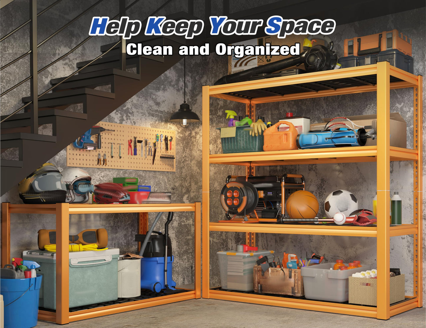 REIBII Garage Shelving Suitable for Garage Aesthetic‌, 40" W x 19.7" D x 59.9" H Heavy Duty Metal Shelving Load 2200LBS, Adjustable 4-Tier Storage Shelves for Garage Warehouse Basement Pantry, Orange