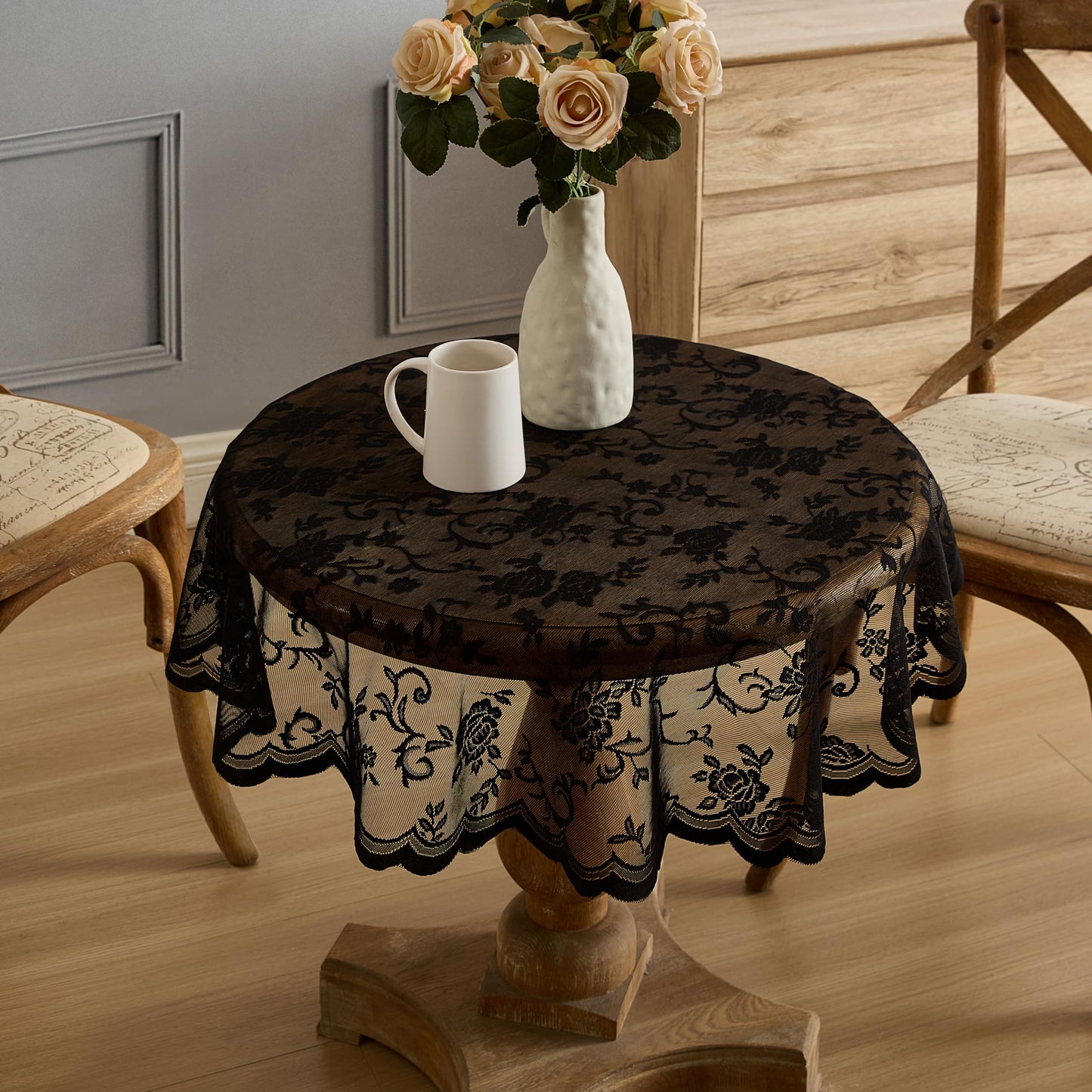 HLC.ME Harper Floral Lace Fabric Tablecloth, Lace Fabric Table Cloth for Round Tables, Wrinkle Resistant Tablecloth, Patterned Scalloped Tablecloth (36 Round, Black)