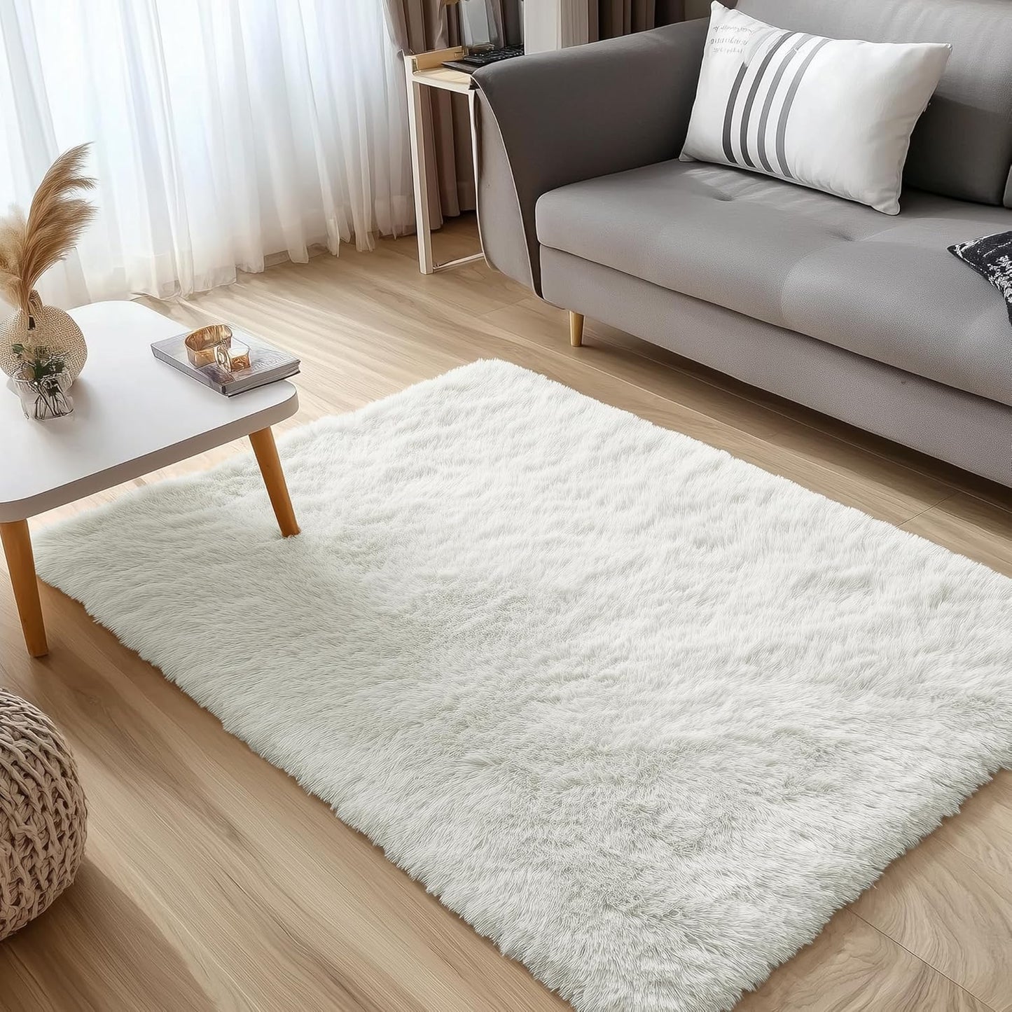 OLANLY Small Bedside Rug - Soft, Fluffy Shaggy Throw Rug for Bedroom & Living Room | Ivory