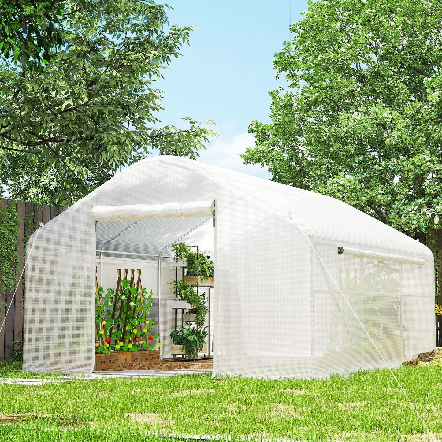 Outsunny 13' x 10' x 6.5' Hoop House Greenhouse with Large Windows and Zippered Door, Large Walk-in Tunnel Green House with Upgraded Galvanized Steel Frame, PE Cover, Gardening Plant Hot House, White