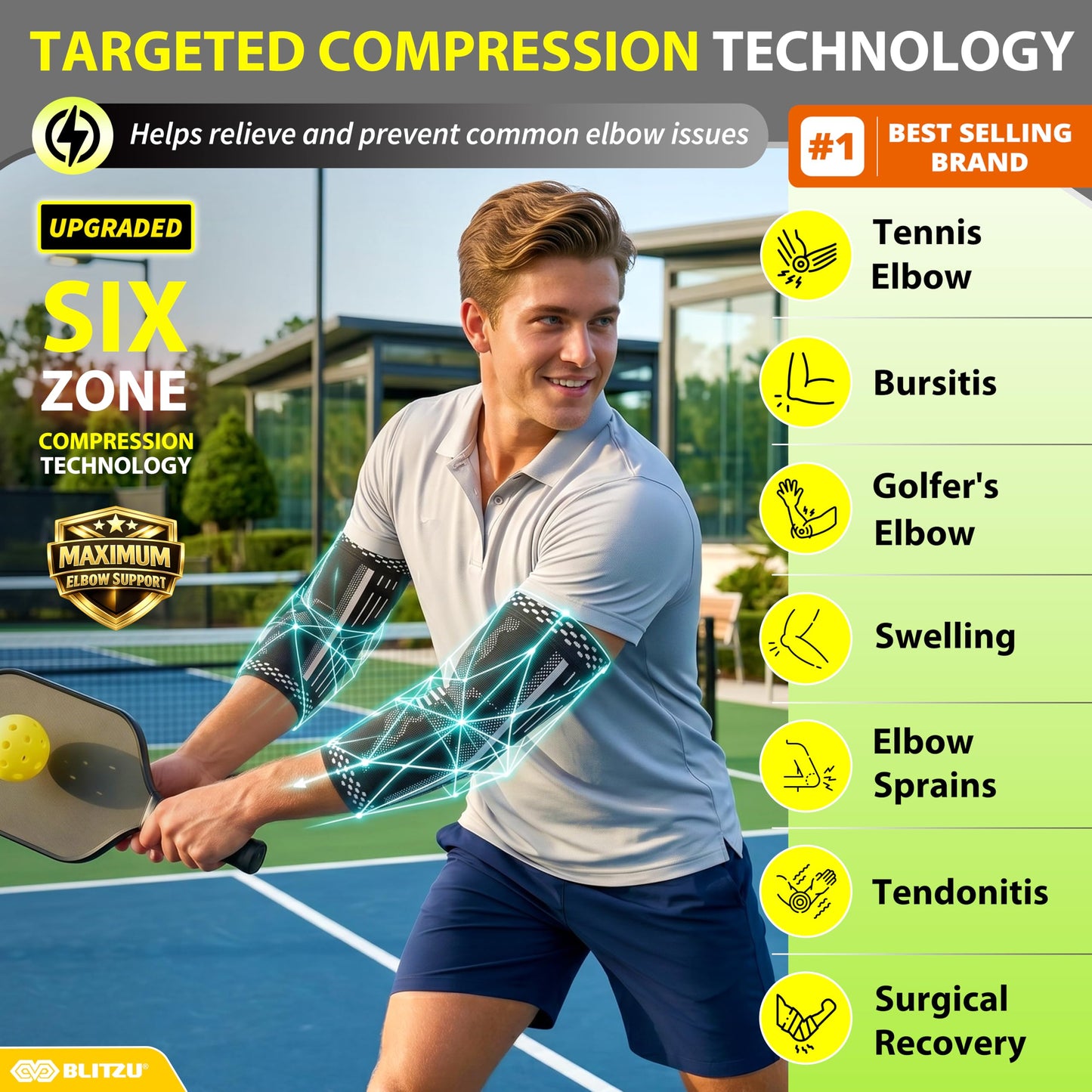 BLITZU Elbow Compression Sleeve for Tendonitis 2 Pack, Tennis Elbow Brace Support for Men and Women Golfers Elbow Pain Relief, Arthritis, Bursitis, Arm Brace for Workout, Weightlifting Black L