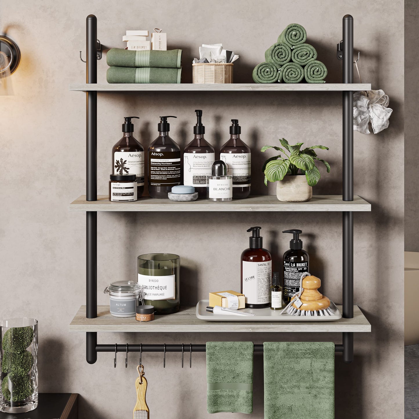 Bestier Floating Pipe Shelving Kitchen Shelves Wall Mounted 3 Tier Ladder Coffee Bar Shelf 3 Tier Bundle, Retro Grey