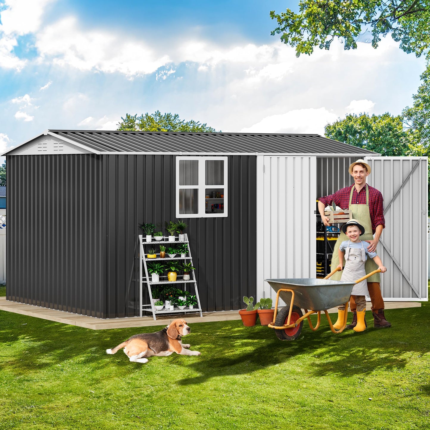 DWVO 12x8ft Large Tool Storage Shed with Window, Lockable Doors, and Sloped Roof, Oversized Steel Outdoor Storage Shed for Garden, Patio, Garage, Backyard, Lawn(Gray + White)