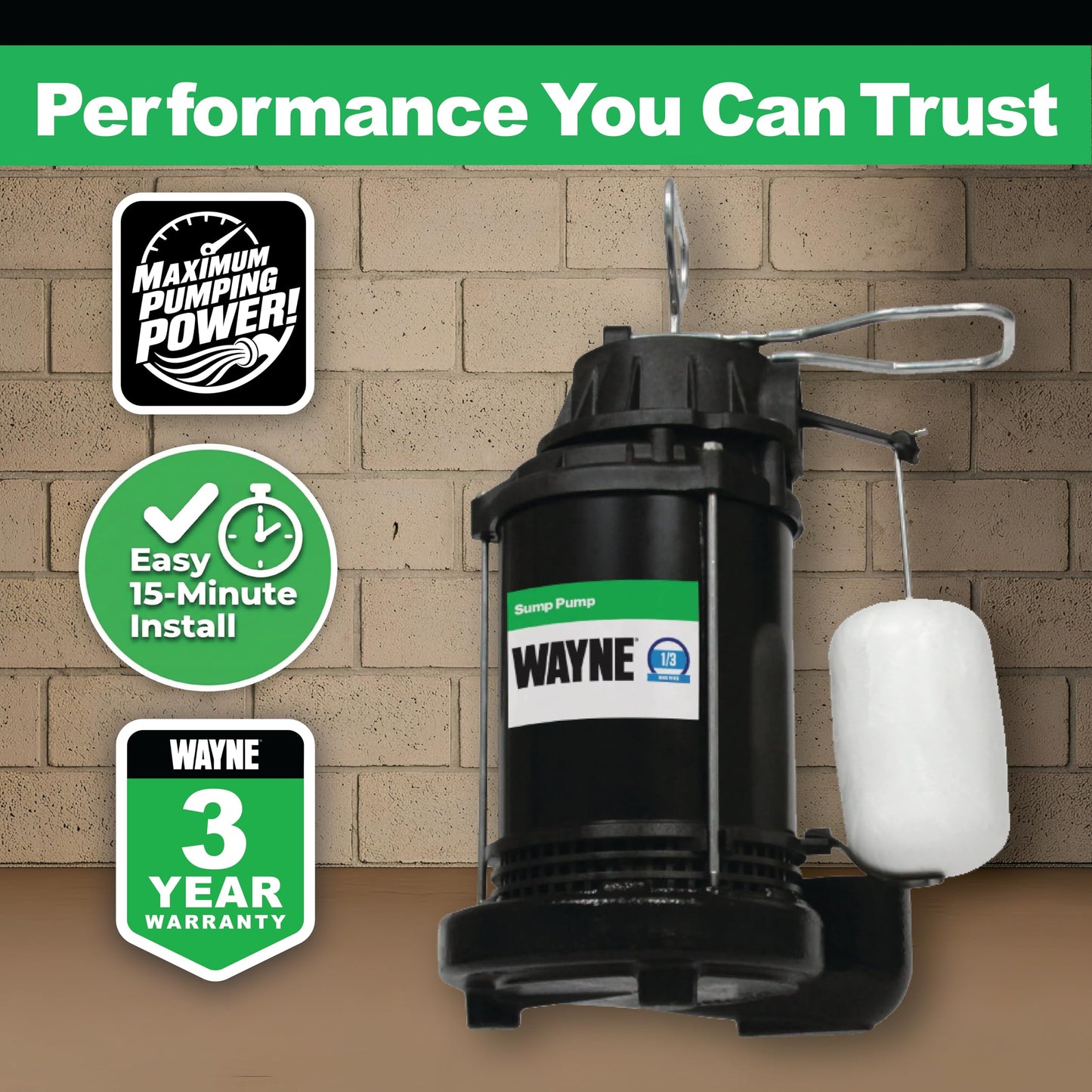 WAYNE CDU790-1/3 HP Submersible Cast Iron and Stainless Steel Sump Pump with Integrated Vertical Float Switch - Up to 4,600 Gallons Per Hour - Heavy Duty Basement Sump Pump, Black