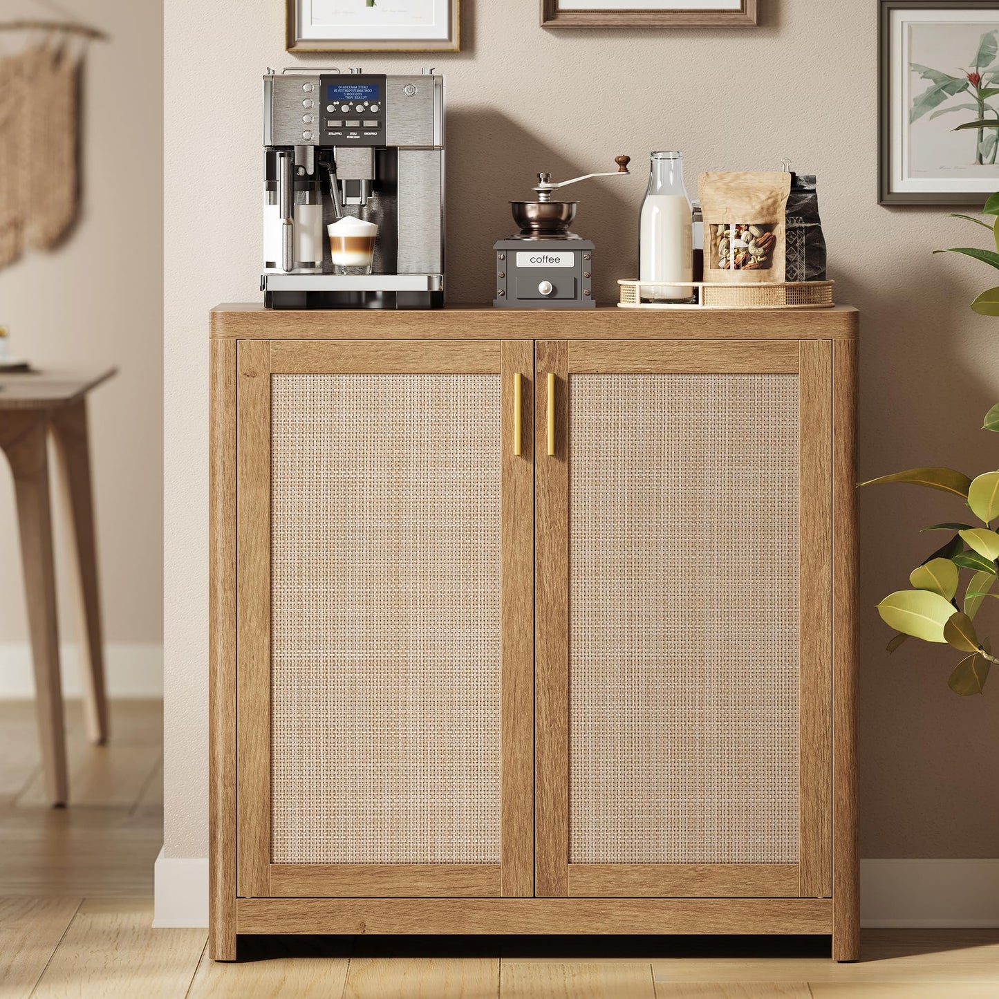 VASAGLE ELLAN Collection - Boho Buffet Cabinet with Rattan-Look Doors, Sideboard Storage Cabinet, Rounded Corners, Adjustable Shelf, for Kitchen, Natural Brown UBBK345KC01