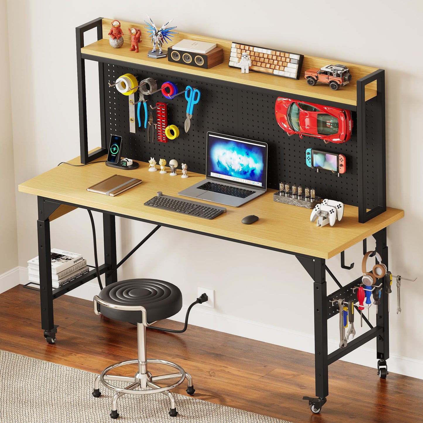 DWVO 60" Adjustable Workbench with Pegboard, Heavy Duty Wood Top Work Bench with Wheels, 1600 LBS Load Capacity, Rolling Work Table with AC/USB Outlet, Hooks, Rack for Garage, Workshop, Office, Home