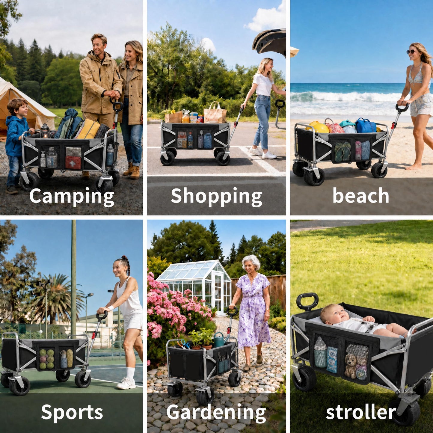 BUERTS Collapsible Wagon - 600LBS Heavy-Duty Large Capacity Foldable Utility Cart, Oversized All-Terrain Wheels, 3-Second Quick Fold Beach Wagon for Camping, Gardening, Beach & Backcountry Trip（BLACK）