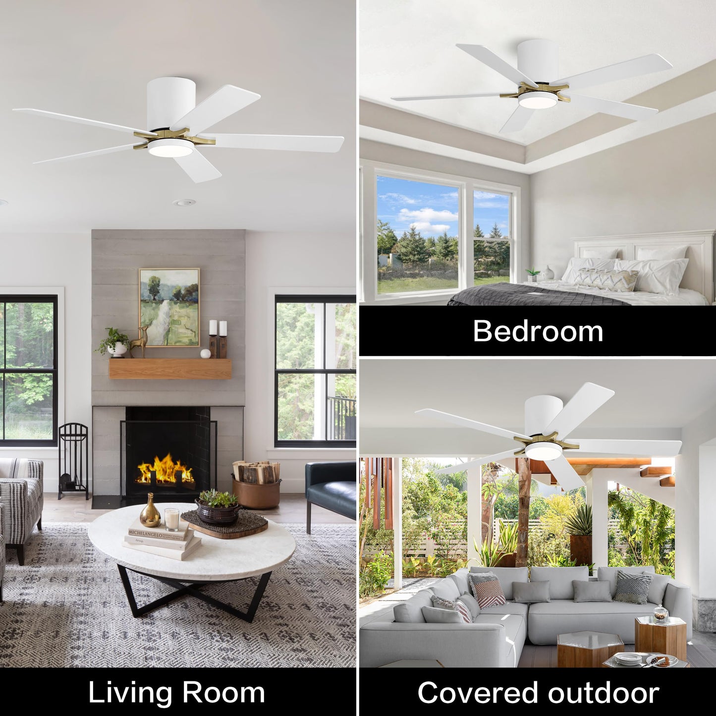 WINGBO 52" DC Flush Mount Ceiling Fan with Lights, 5 Plywood Blades, 6-Speed Reversible DC Motor, 3CCT, Low Profile Hugger Ceiling Fan for Living Room Bedroom Kitchen, White and Brass