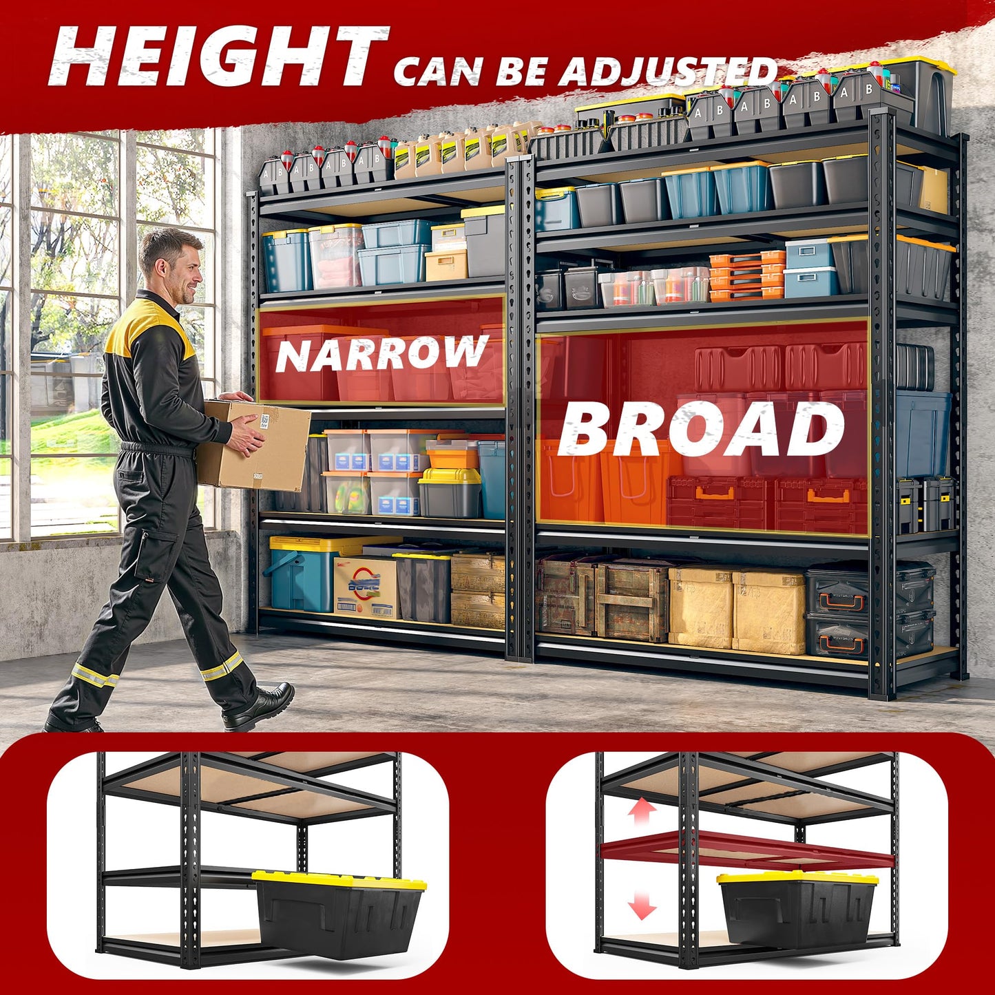 REIBII 2400LBS Garage Shelving Heavy Duty 5 Tier Storage Shelves Adjustable Garage Shelves, Utility Rack Shelf, Shelving Units for Storage Warehouse Pantry Closet, 35.5" W x 11.9" D x 72" H, 2 Pack