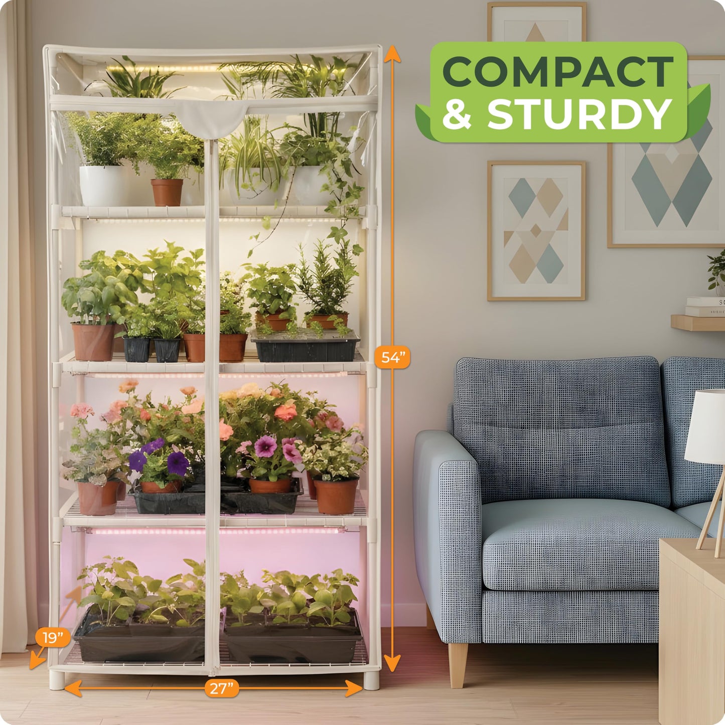 Carpathen Indoor Greenhouse with Grow Light - 4 Tiers 27.2"L x 19.3"W x 54"H with 2 Heat Mats and 4 Dimmable 15W Full Spectrum LED Light Strips w Spectrum Control - Mini Greenhouse with Zip PVC Cover