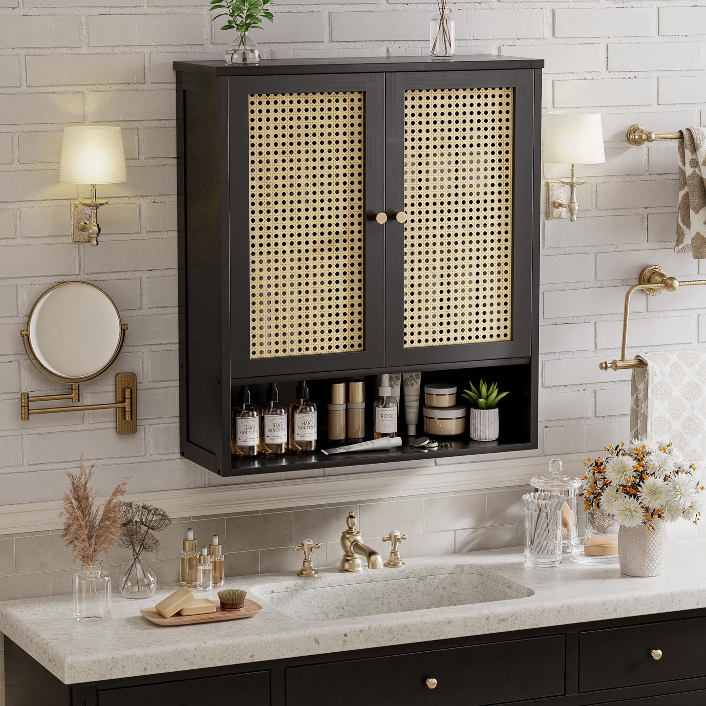 vovala Bathroom Wall Cabinet, Bamboo Over-The-Toilet Storage Organizer with 2 Rattan Doors and Adjustable Shelf, Space Saver Medicine Cabinet for Laundry, Kitchen, Living Room (Black)