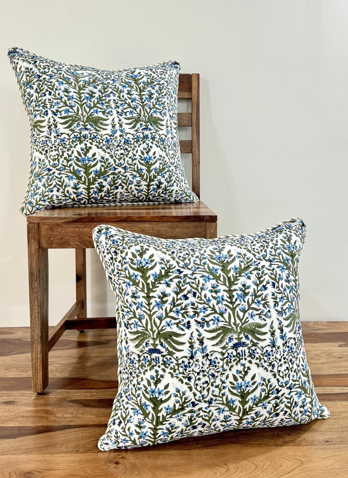 ATOSII Block Print Throw Pillow Cushion Covers, 24" X 24" - Set of 2, Decorative Couch Pillows for Living Room Bed Sofa, 100% Cotton Canvas Pillow Case for Home Decor & Outdoors - Nargis Blue
