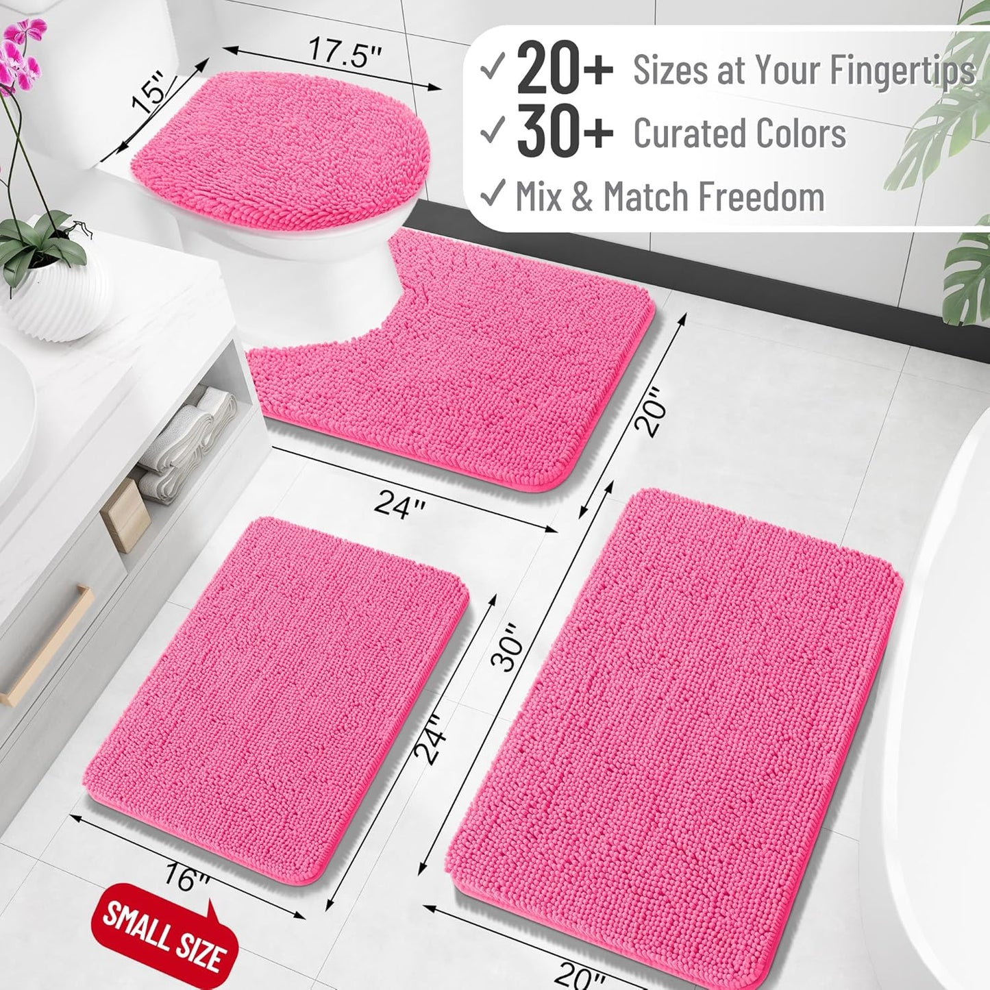 OLANLY Large Bath Rugs - Extra Soft Chenille with Rubber Backing | Quick Dry, Machine Washable, Hot Pink 59x35