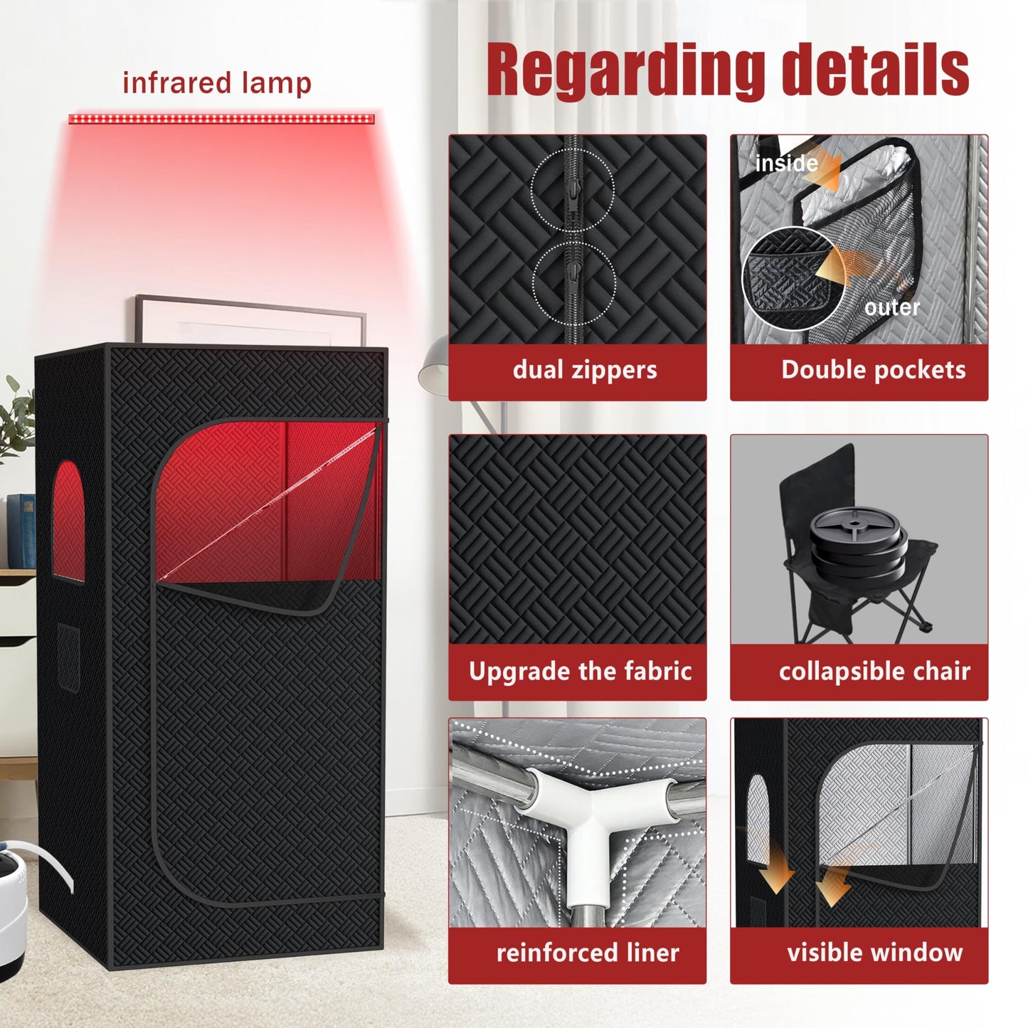 Nirvix Sauna Box, Portable Steam Sauna for Home with 1000W 3L Steamer, 9-Level Temperature Control & Remote, with Foldable Chair, for Relaxation, Detox & Indoor/Outdoor Use (Infrared Red Light Sauna)