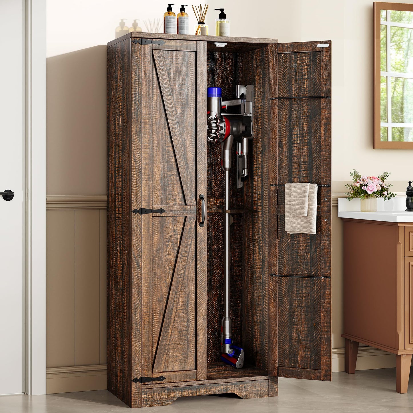 DWVO Wooden Storage Cabinet, Vacuum Cleaner Cabinet Storage Compatible with Dyson Models, Utility Cabinet Stand for Brooms and Mops, Cleaning Tool Cabinet with Doors for Garage